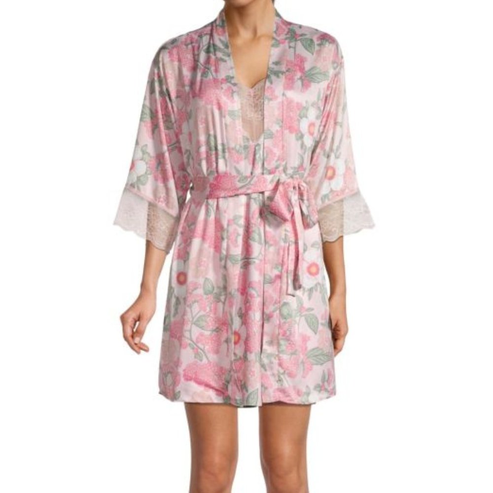 NEW Flora Nikrooz Women Trish 2 Piece Set Robe & Chemise Nightgown Lace Trim - Picture 1 of 5
